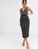 asos design midi dress with pinny bodice in 3d floral embellishment