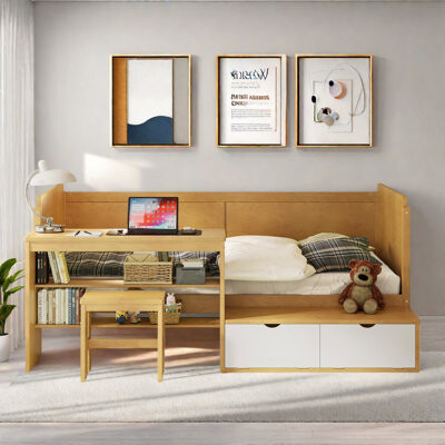 Daybed Wooden Daybed With Storage Shelves, Lockers, Study Desk And Matching Stool