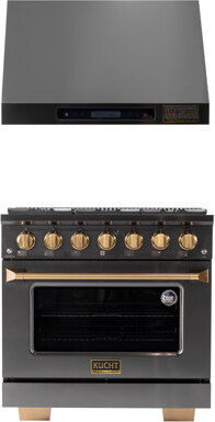Kucht Gemstone 36 In. 5.2 Cu. Ft. 6-Burners Natural Gas Range With Convection Oven In Titanium SS + Under Cabinet Range Hood