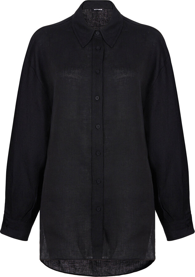 NOCTURNE Black Oversized Linen Shirt ShopStyle Tops