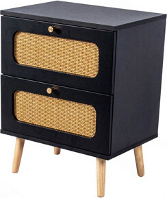 Mid-Century Nightstand Set - Faux Wood With 2 Drawers & Shelf, Rubberwood Legs, 18.5"W - Vintage Bedside Table For Modern Bedrooms