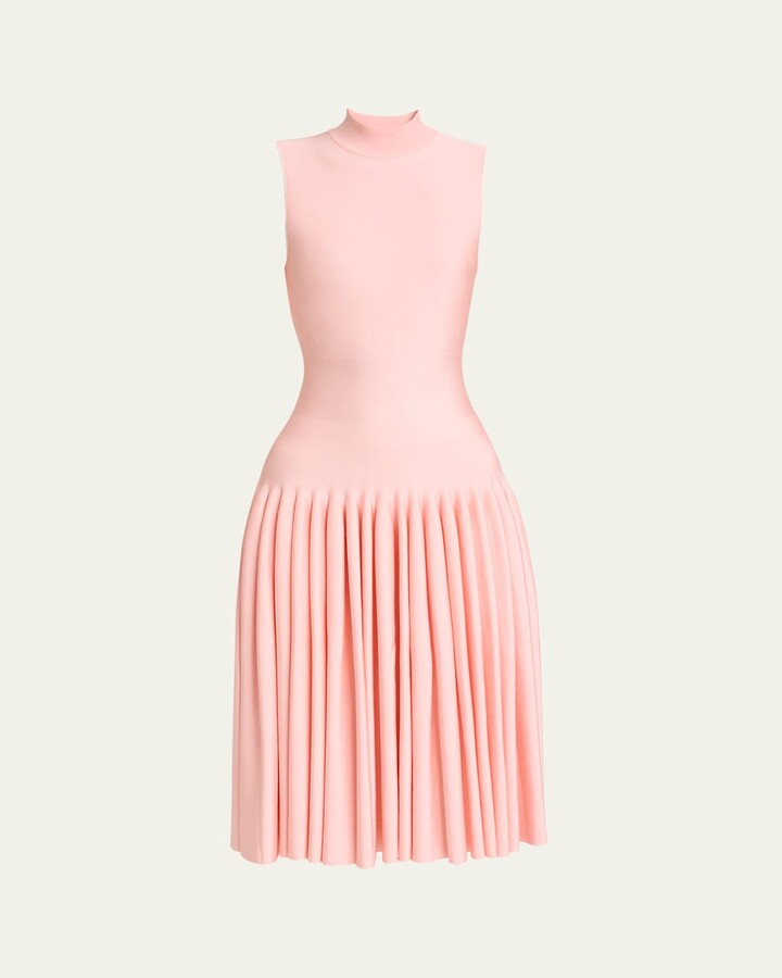Alaia High-Neck Pleated Knit Midi Dress
