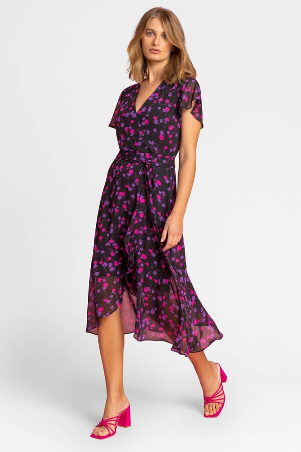 Roman Originals Floral Frill Detail Wrap Dress in Black - Main Image