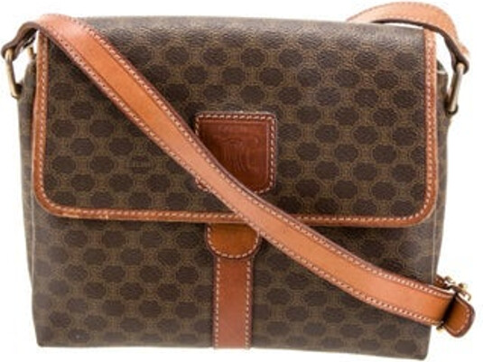 Celine Shoulder Bag Vintage Brown Printed Macadam & Triomphe Gold-Tone Hardware Leather Trim Single Adjustable Shoulder Strap Leather Trim Embellishment & Single Exterior Pocket Leather Lining & Single Interior Pocket Snap Closure at Front