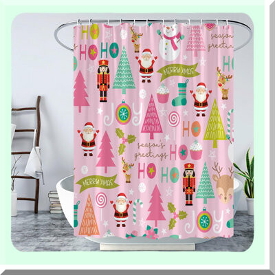 One Allium Way Festive Joy Shower Curtain Set - Merry Xmas Winter Wonderland with Claus Snowman Penguin Tree & Presents