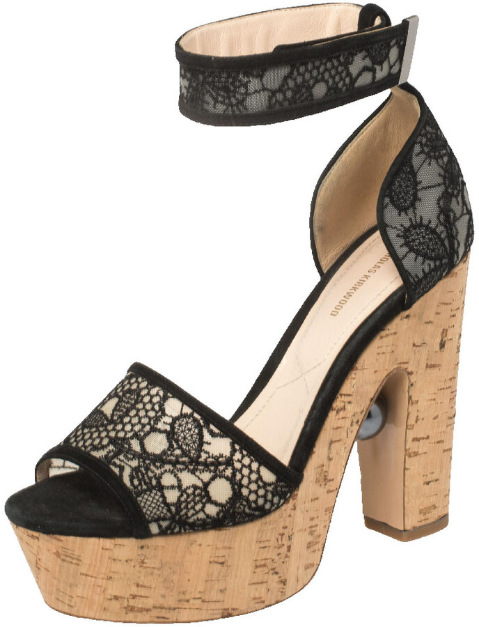 Nicholas Kirkwood Black Lace Maya Pearl Platform Ankle Strap Sandals Size 39.5