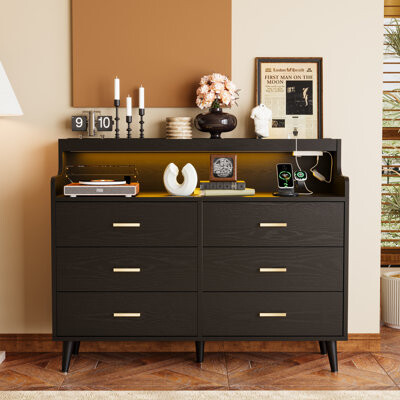 47.24”W-6 Drawers Dresser, S-Frame Storage Chest With 2 Shelves & 6 Drawers, Dresser With LED Light Strip & Outlets For Bedroom, Living Room & Porch