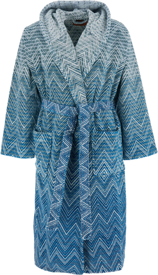 Missoni 'stone' Blue Bathrobe With Hood And All-over Zigzag Motif In Cotton Home
