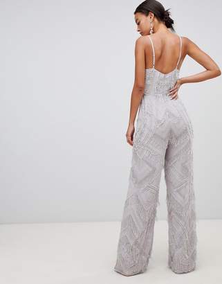 ASOS Tall EDITION Tall fringe & pearl embellished jumpsuit with wide leg