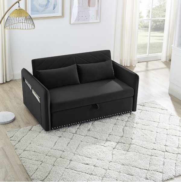 VASIP3-in-1VelvetSleeperSofaBedw/USBAdjustablePull-OutBed2LumbarPillows&SidePocket-ConvertibleforLivingRoomBlack