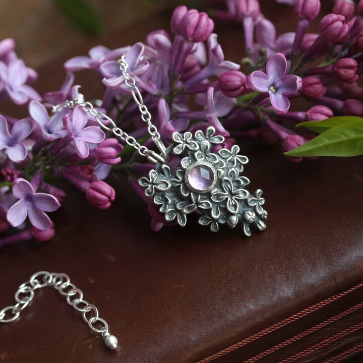 Etsy Fine Silver Lilac Flower Pendant Sculpted Blossom Necklace With Amethyst Garden Lover Gift