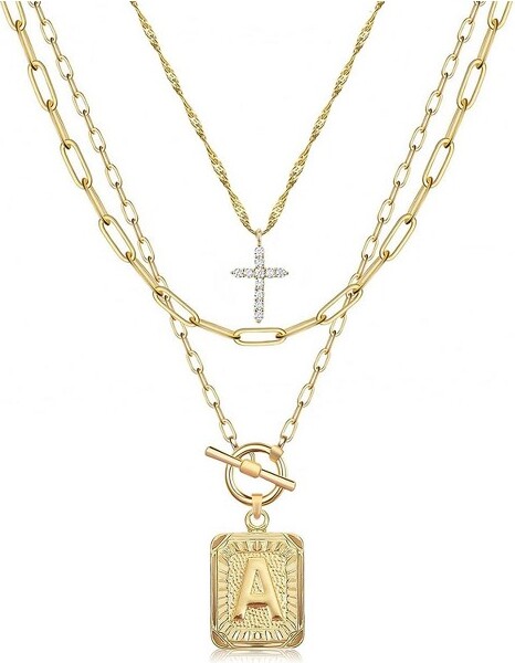 Summit Adventure LayeredInitialNecklaceforWomen14KGoldPlatedLetterPendantwithCrossCharmPaperclipChainChokerJewelry