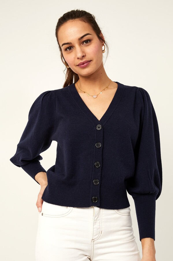 Aspiga Merino Cashmere V Neck Puff Sleeve Cardigan Navy ShopStyle