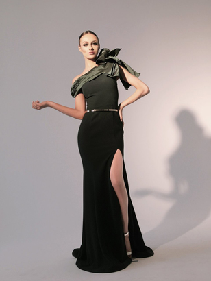 Nicole Bakti 6791 Bow Fitted Evening Gown with Slit