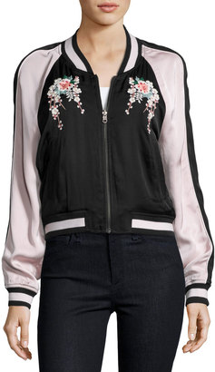 Joie Juanita Floral-Embroidered Bomber Jacket, Black/Pink