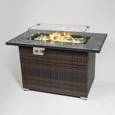 44" Propane Gas Fire Pit Table, 50000 BTU Rectangular Fire Pit, Tile Tabletop With Beautiful Wicker Base For Outside Patio Deck Garden Courtyard