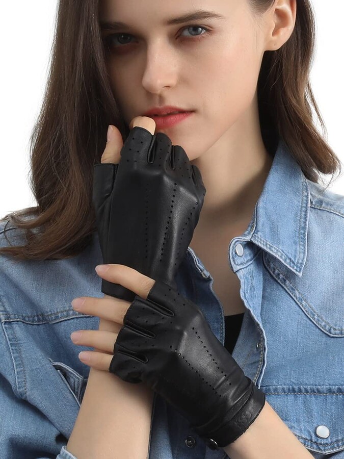 GSG SINCE 1998 GSG Womens Fingerless Leather Gloves Unlined Half Finger