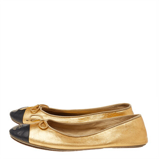 Chanel Metallic Gold/Black Leather CC Cap Toe Bow Ballet Flats Size 36 -  ShopStyle