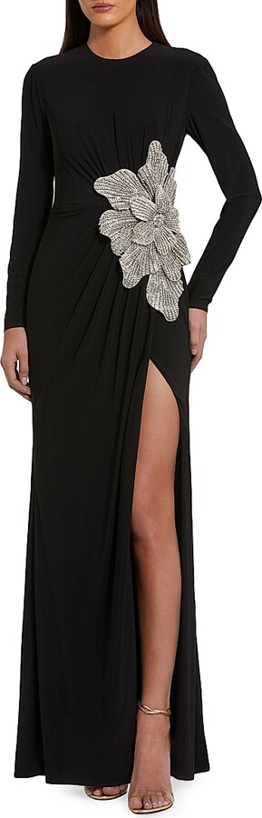 Mac Duggal Women's Jersey Beaded Floral Long-Sleeve Gown - Black - Size 2