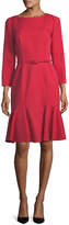 Carolina Herrera Belted Stretch-Wool Flounce Dress, Red