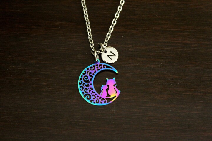 Etsy Rainbow Cat Necklace - Jewelry Crazy Lady Lover Two Cats Moon Feline With Charm-I/B/H