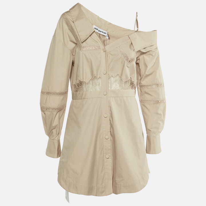 Self-Portrait Beige Cotton Poplin One Shoulder Tunic M