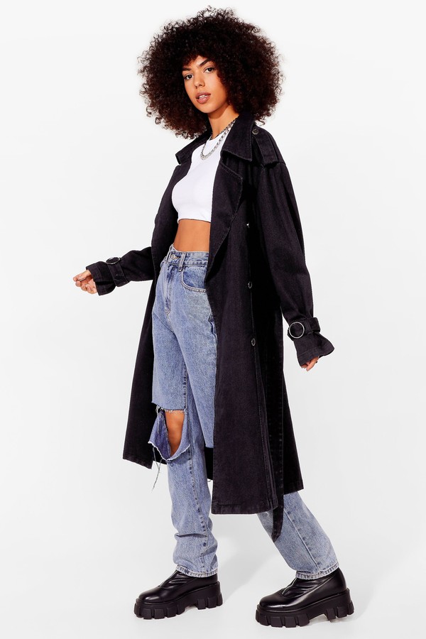 women's long denim trench coat