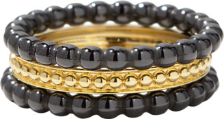Lagos 18k Gold & Black Caviar Rings, Set of 3, Size 7