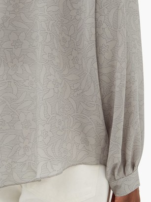 Raey Gathered Balloon-sleeve Floral-print Silk Top - Grey Print