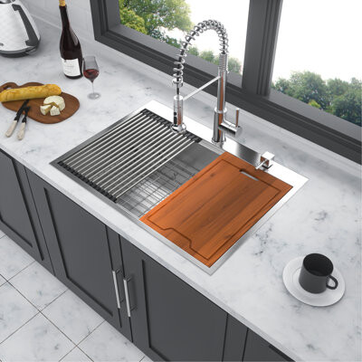 LUTINMUE 30 Drop Kitchen Sink - 30 Inch Kitchen Sink Drop-In Topmount Single Bowl 16 Gauge Stainless Steel Ledge Workstation Kitchen Sinks