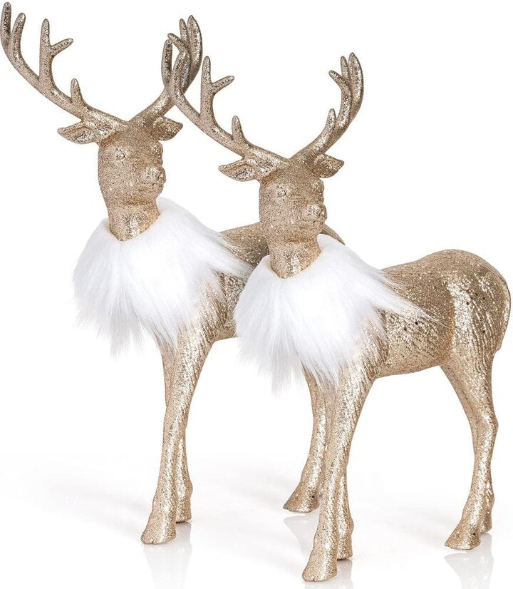ORNATIVITY 12 in. Gold Glitter Christmas Reindeer - Holiday Deer Figurine Statues Dinner Table Decor Centerpiece (Set of 2)