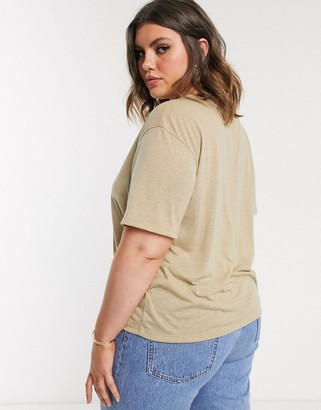 ASOS DESIGN Curve boxy t-shirt with v neck in linen mix in beige