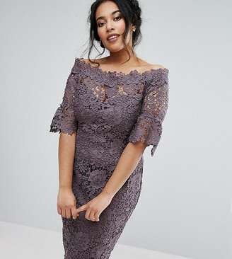 Paper Dolls Plus bardot crochet dress with fluted sleeve in charcoal