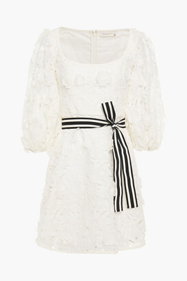 Zimmermann Belted appliquéd linen and silk-blend guipure lace mini dress