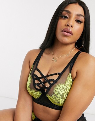Playful Promises X Gabi Fresh lace overlay strappy front bra in black & lime