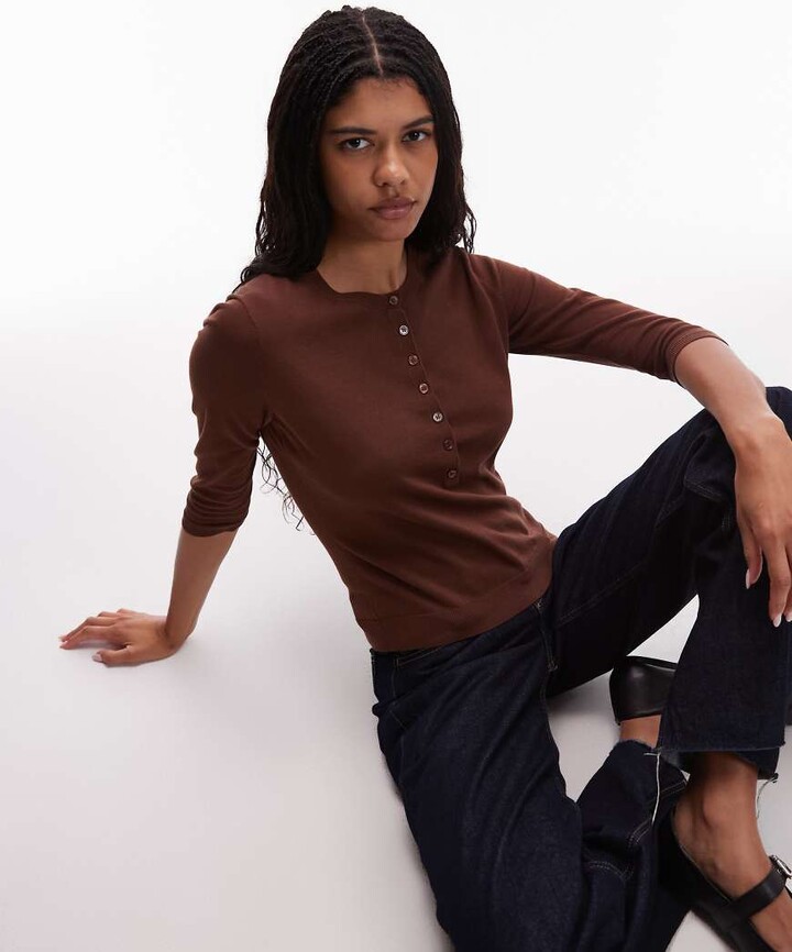 Arket rib knit henley top with long sleeves in dark brown