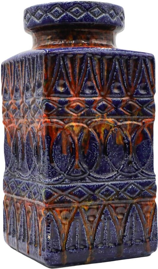 Bay Keramik 1950s-1970s Bodo Mans Blue Rectangular West German Floor Vase, Geometric Relief