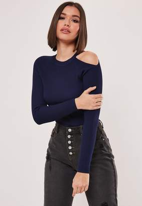 Missguided Navy Rib Cut Out Exposed Shoulder Knitted Bodysuit