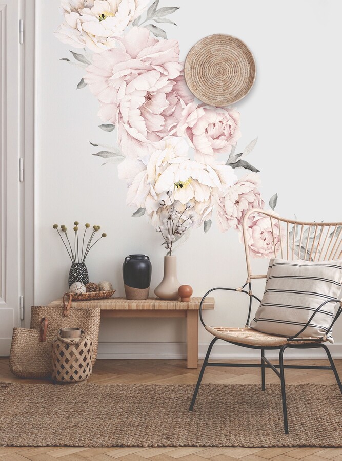 Etsy Watercolor Peony Flowers Wall Sticker Grey & Pink, Peel & Stick
