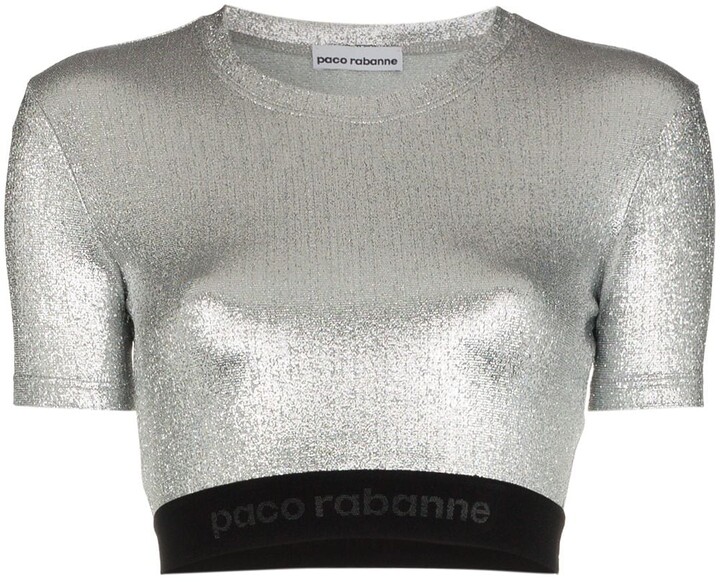 Paco Rabanne Women Cropped Metal Mesh Top (73,970 MXN) ❤ liked on Polyvore  featuring tops, silver, metal top, cap sleeve crop top, pa…