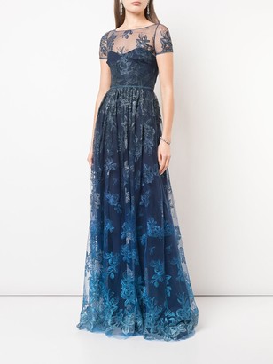 Marchesa Notte Sheer Floral Embroidered Gown