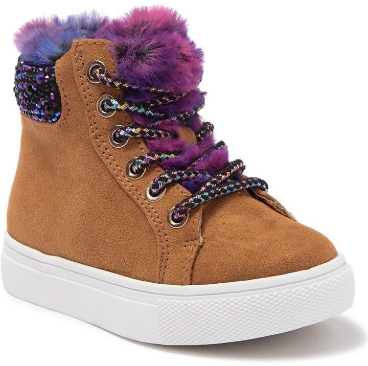 GIRLS SPOT ON FUR LINED BOOTS IN TAUPE & PURPLE WITH BUTTERFLY DESIGN H4099 