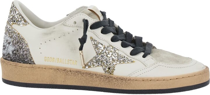 Golden Goose 'ballstar' White Low Top Sneakers With Glittered Star Patch On The Side And Glittered Heel With Logo Lettering In Leather Woman