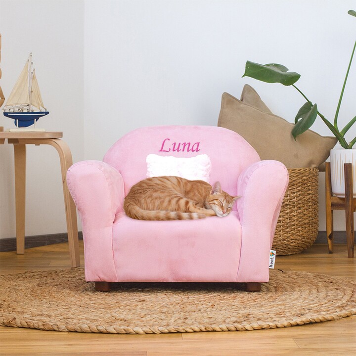 Keet Personalized Mini Plush Chair & Accent Pillow Furniture Style Cat Bed, Pink