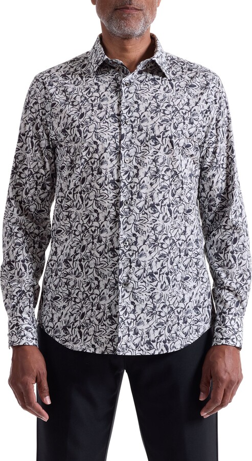 Julian Shaped Fit Floral Print Stretch Cotton Button-Up Shirt