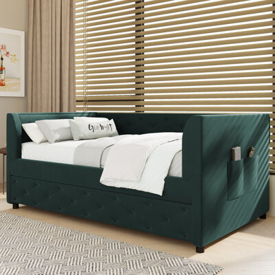 Twin Size Upholstered Velvet Tufted Daybed with Trundle, Durable and Stylish for Versatile Use in Small Spaces
