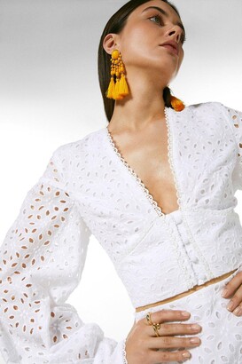 Karen Millen Cotton Broderie Buttoned Volume Sleeve Woven Top
