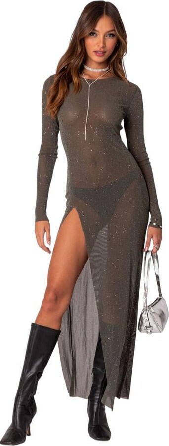 Edikted Women's Shiny Mesh Maxi Slit Dress