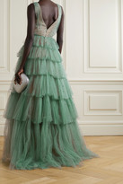 Thumbnail for your product : Marchesa Tiered Crystal-embellished Tulle Gown - Gray green