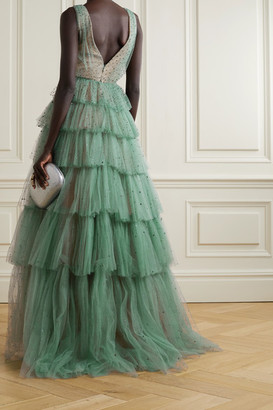 Marchesa Tiered Crystal-embellished Tulle Gown - Gray green
